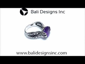 Sterling Silver Amethyst Quartz Round Balinese Engraved Luxury Statement Ring With Polished Finish.