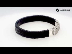 Sterling silver and black leather bracelet with ornate Balinese clasp and oxidized finish