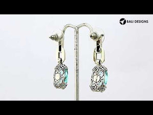 Wholesale Sterling Silver Blue Topaz Quartz Oval Dangle Earrings With Balinese Engraved Accents