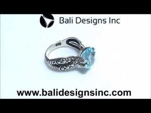 Sterling Silver Blue Topaz Quartz Round Balinese Engraved Luxury Statement Ring With Polished Finish.