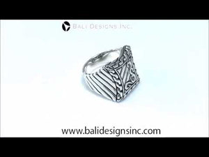 Sterling Silver handcrafted rectangular tribal design ring wholesale from Bali, Indonesia with swirl and line engravings