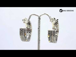 Sterling Silver With 18K Gold Textured Pattern Hoop Earrings With Diamond Accents