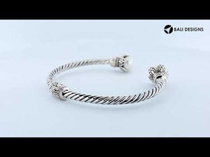 925 Sterling Silver Pearl Bangle with twisted cable design and Balinese handcrafted detailing