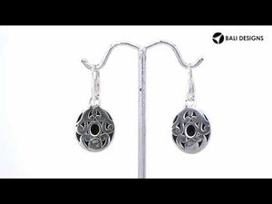 Sterling Silver With 18K Gold Oval Drop Earrings With Hammered Center And Diamond Accents