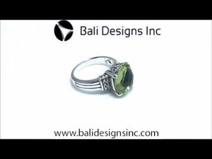 Sterling Silver Green Amethyst Quartz Cushion Statement Ring With Balinese Detailing.