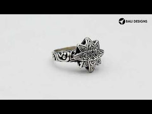 Sterling silver eight point star ring in Balinese engraved design