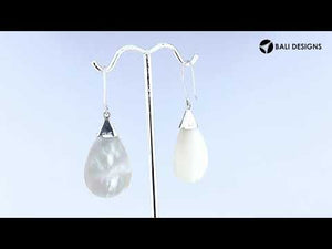 Mother Of Pearl teardrop silver earrings with dragonfly motif