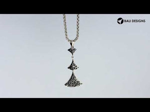 Handcrafted 925 Sterling Silver Abalone Shell multi-tier triangle pendant featuring ornate scroll pattern, mirror-polished finish, and Balinese design for wholesale jewelry collections.