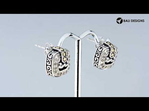 Sterling Silver With 18K Gold Square Stud Earrings With Scroll Design And Diamond Accents