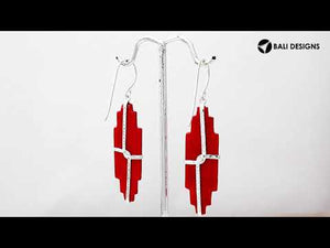 Red Coral sterling silver long textured bar earrings