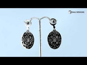 Sterling Silver With 18K Gold Oval Drop Earrings With Scroll Pattern And Diamond Accents