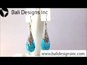 Sterling Silver Turquoise Shell Teardrop Floral Pattern Drop Earrings