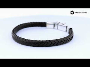 Sterling silver bracelet with black braided leather and hook clasp for wholesale