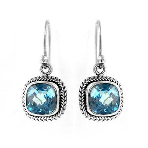 Sterling silver cushion cut blue topaz quartz dangle earrings with rope frame handcrafted in Bali.