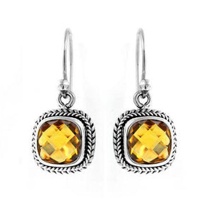 Sterling silver cushion cut citrine quartz dangle earrings with rope frame handcrafted in Bali.