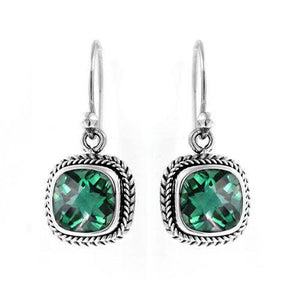 Wholesale sterling silver cushion drop earrings with green quartz stones and rope-pattern border handcrafted in Bali.