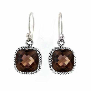 Sterling Silver Smoky Topaz Quartz Faceted Cushion Rope Frame Earrings