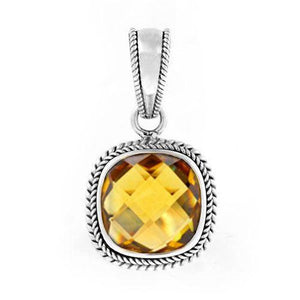 Sterling Silver Citrine Quartz Faceted Cushion Rope Frame Pendant
