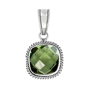 Sterling Silver Green Amethyst Quartz Faceted Cushion Rope Frame Pendant