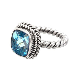 Sterling Silver Rope Band Ring With Blue Topaz Quartz Cushion Center
