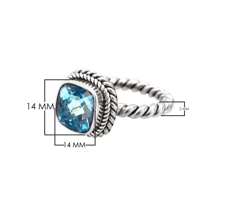 Sterling Silver Rope Band Ring With Blue Topaz Quartz Cushion Center