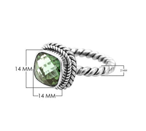 Sterling Silver Rope Band Ring With Green Amethyst Quartz Cushion Center