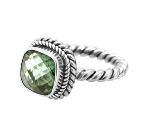 Sterling Silver Rope Band Ring With Green Amethyst Quartz Cushion Center
