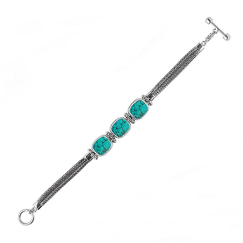 Sterling Silver Bali Turquoise Shell Cushion Link Bracelet With Woven Chain And Toggle Clasp.