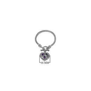 Sterling Silver Bali Amethyst Quartz Heart Charm Bracelet With Rope Chain And Toggle Clasp.