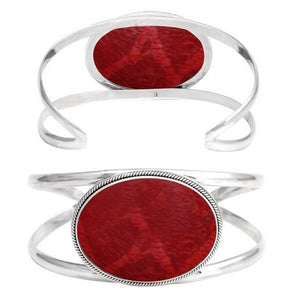 Wholesale Sterling Silver Cuff Bracelet With Oval Red Coral Centerpiece