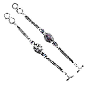 Sterling Silver Bracelet With Mystic Quartz Stones In Oval And Emerald-Cut Shapes With Ornate Scrollwork And Woven Links