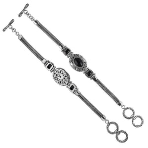 Sterling Silver Bracelet With Black Onyx Stones In Oval And Emerald-Cut Shapes With Ornate Scrollwork And Woven Links