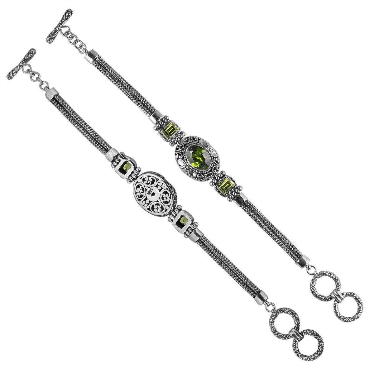 Sterling Silver Bracelet With Peridot Quartz Stones In Oval And Emerald-Cut Shapes With Ornate Scrollwork And Woven Links