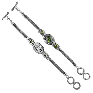 Sterling Silver Bracelet With Peridot Quartz Stones In Oval And Emerald-Cut Shapes With Ornate Scrollwork And Woven Links