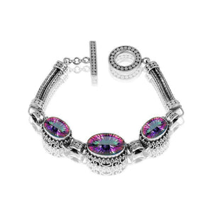 Sterling Silver Bracelet With Mystic Quartz Triple-Oval Stones And Woven Bali Bars