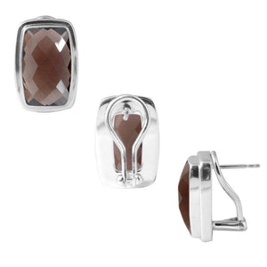 Sterling silver Smoky Quartz rectangular clip earrings, handcrafted wholesale jewelry from Bali