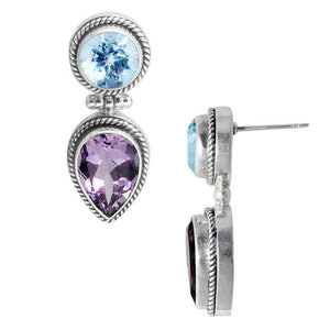 Sterling Silver Amethyst and Blue Topaz drop earrings handcrafted in Bali with oxidized rope-edge detailing and high-polish finish.
