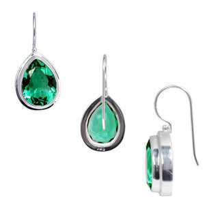 Sterling Silver pear-cut Green Quartz hook earrings handcrafted in Bali with polished bezel frame and minimalist finish.