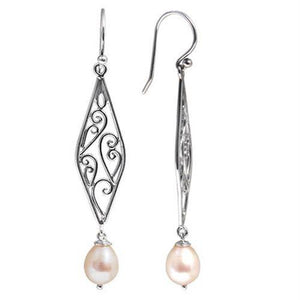 Sterling silver filigree drop earrings with teardrop freshwater pearls