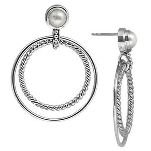 Sterling Silver Fresh Water Pearl double hoop earrings handcrafted in Bali with rope-edge detailing and polished finish.