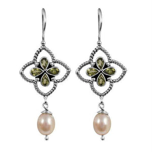 Sterling Silver Fresh Water Pearl and Peridot drop earrings handcrafted in Bali with twisted rope frame and polished finish.