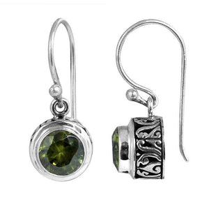 Sterling Silver Peridot round earrings handcrafted in Bali with detailed Balinese carvings and a polished finish.