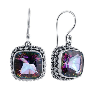 Sterling Silver Mystic Quartz cushion hook earrings with granulated bezel handcrafted in Bali