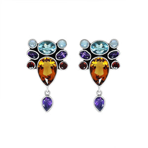 Sterling Silver Multi-Stone Cluster Drop Earrings With Blue Topaz, Amethyst, Citrine, Garnet, And Rainbow Moonstone Quartz For Wholesale Collections