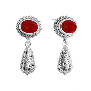 Sterling Silver Red Coral Drop Earrings With Ornate Filigree Design For Wholesale Collections