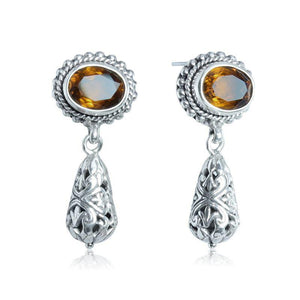 Sterling Silver Citrine Quartz Drop Earrings With Ornate Filigree Design For Wholesale Collections