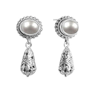 Sterling silver earrings with Mabe Pearl tops and Bali-style filigree teardrop drops.