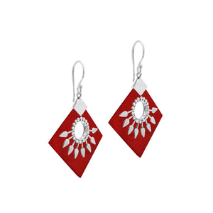 Sterling silver tribal earrings with Red Coral diamond panels and sunburst silver detailing.