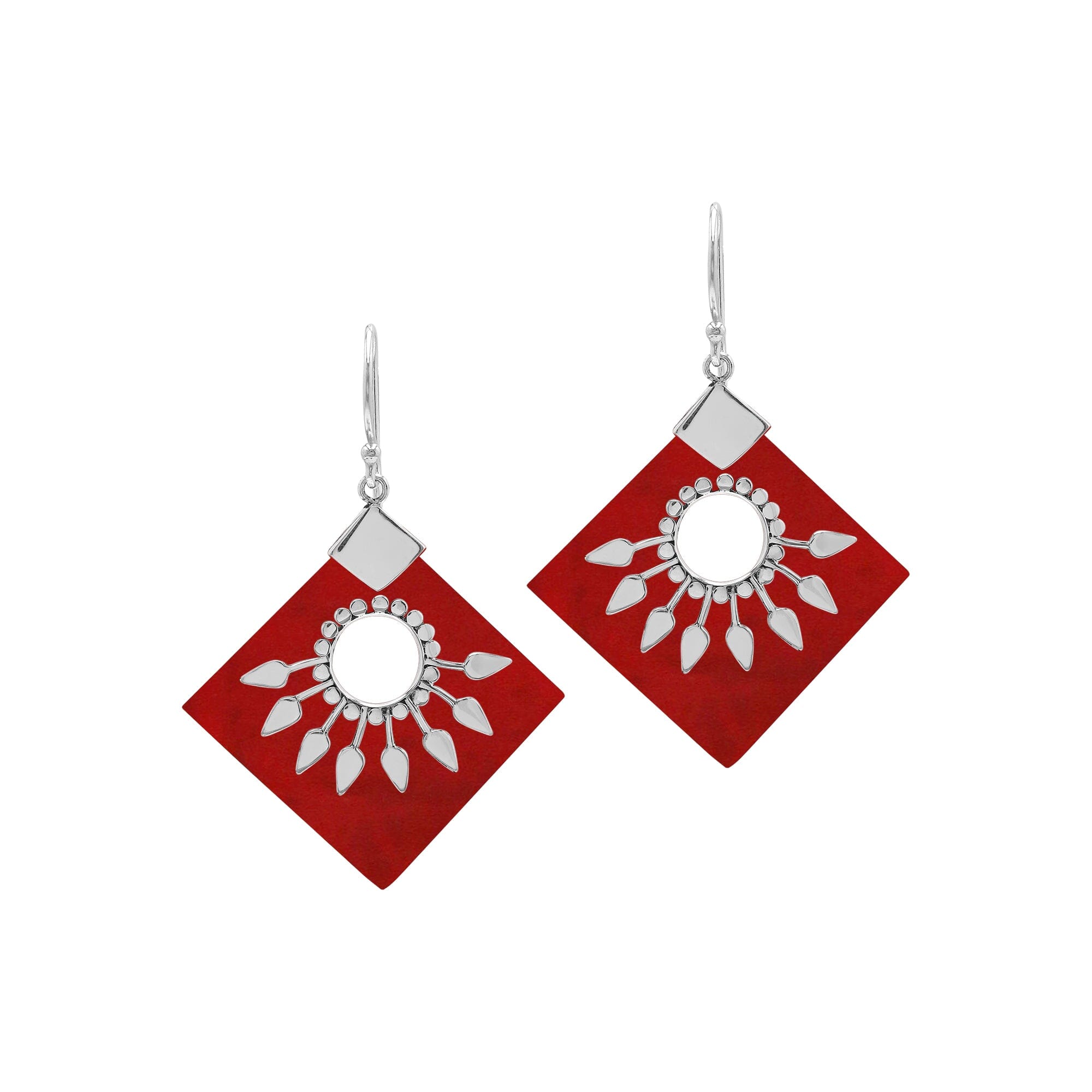 Sterling silver tribal earrings with Red Coral diamond panels and sunburst silver detailing.