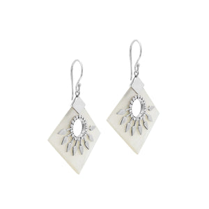 Sterling silver tribal earrings with Mother Of Pearl diamond panels and silver sunburst accents.